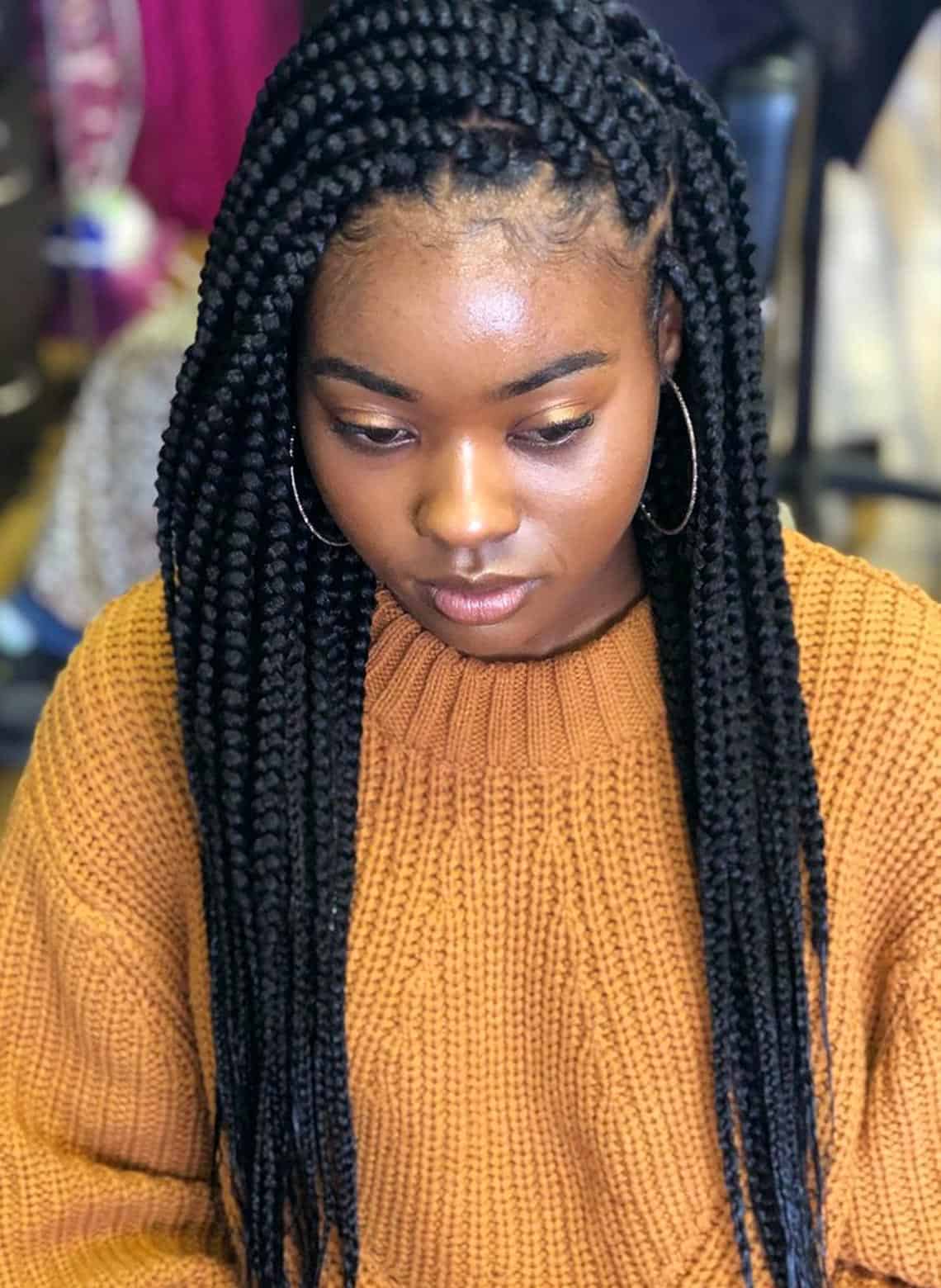 Mid-Back Black Braids with Loose Curls — Large Braids