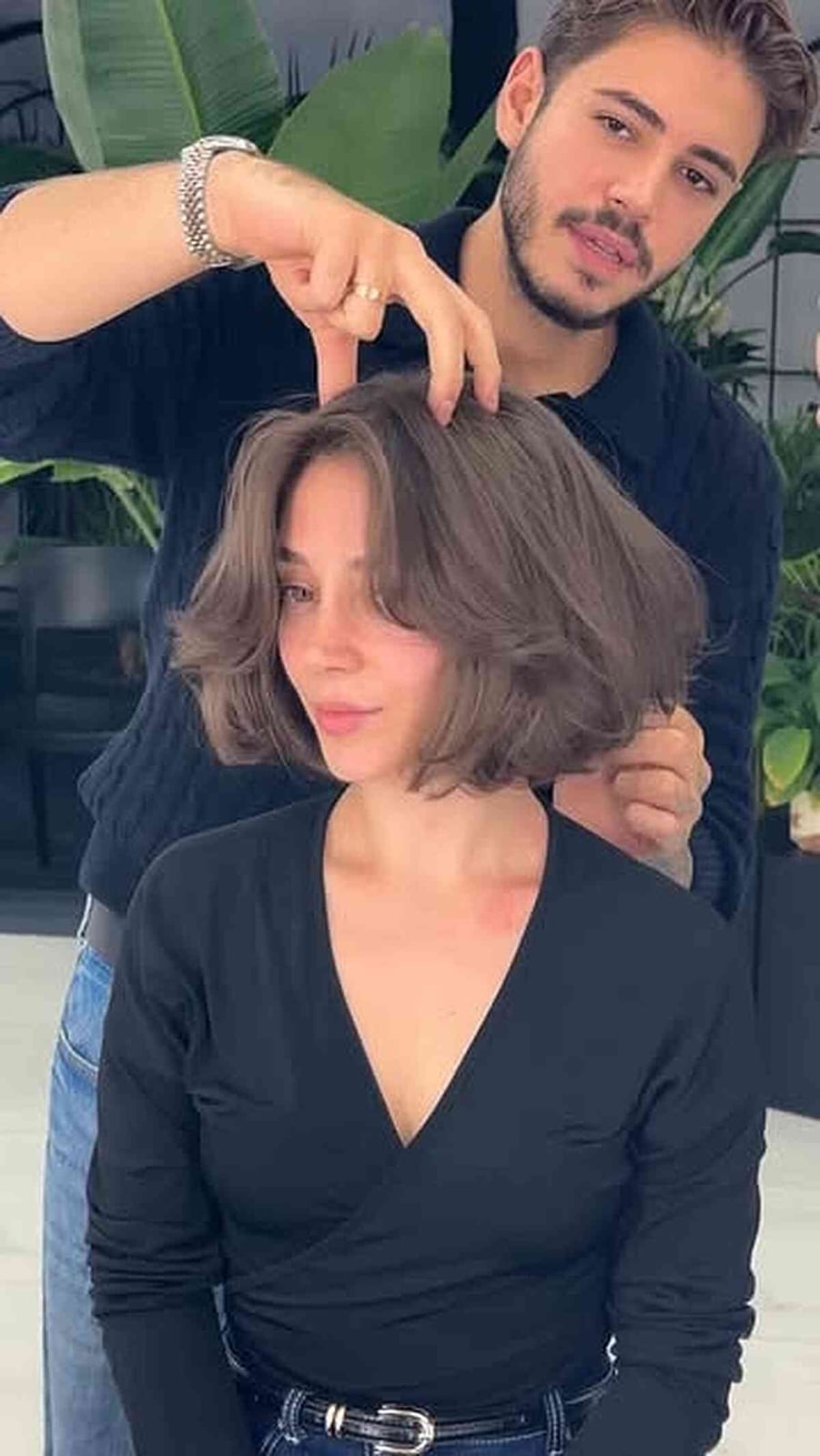 Chin Length Layered Bob With Curtain Bangs and Slightly Angled View — Layer Bob