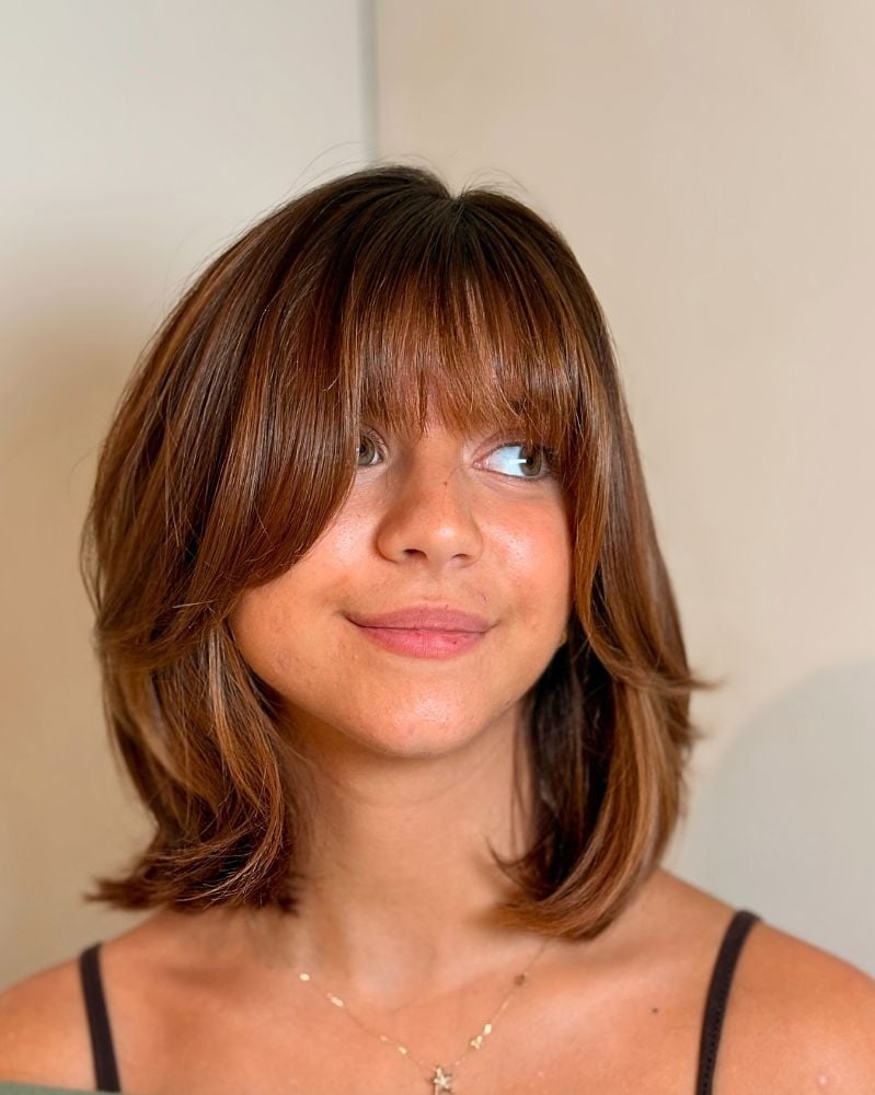 Chin Length Layered Bob With Full Bangs, Medium Brown — Layer Bob