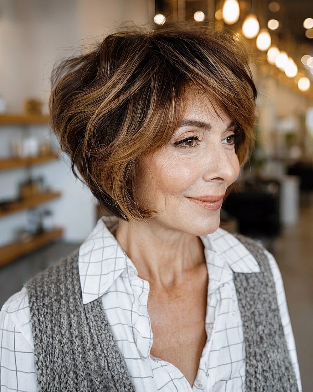 Ear Length Choppy Bob With Caramel Highlights — Layer Bob