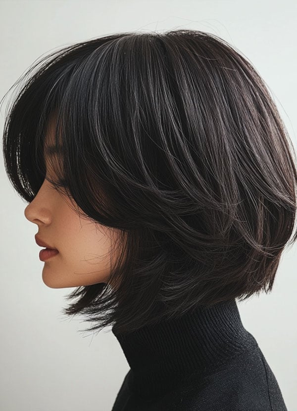 Chin Length Layered Bob With Curtain Bangs — Layered Bob Hairstyles