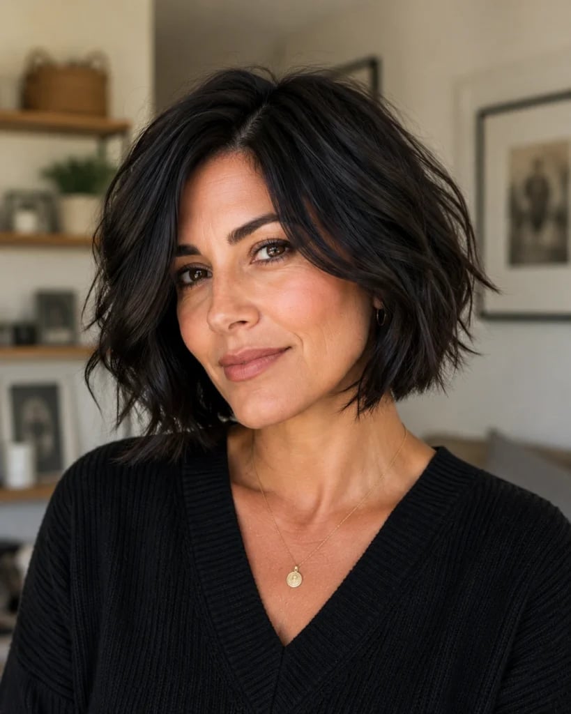 Dark Brown Messy Bob With Textured Fringe — Layered Bob Hairstyles