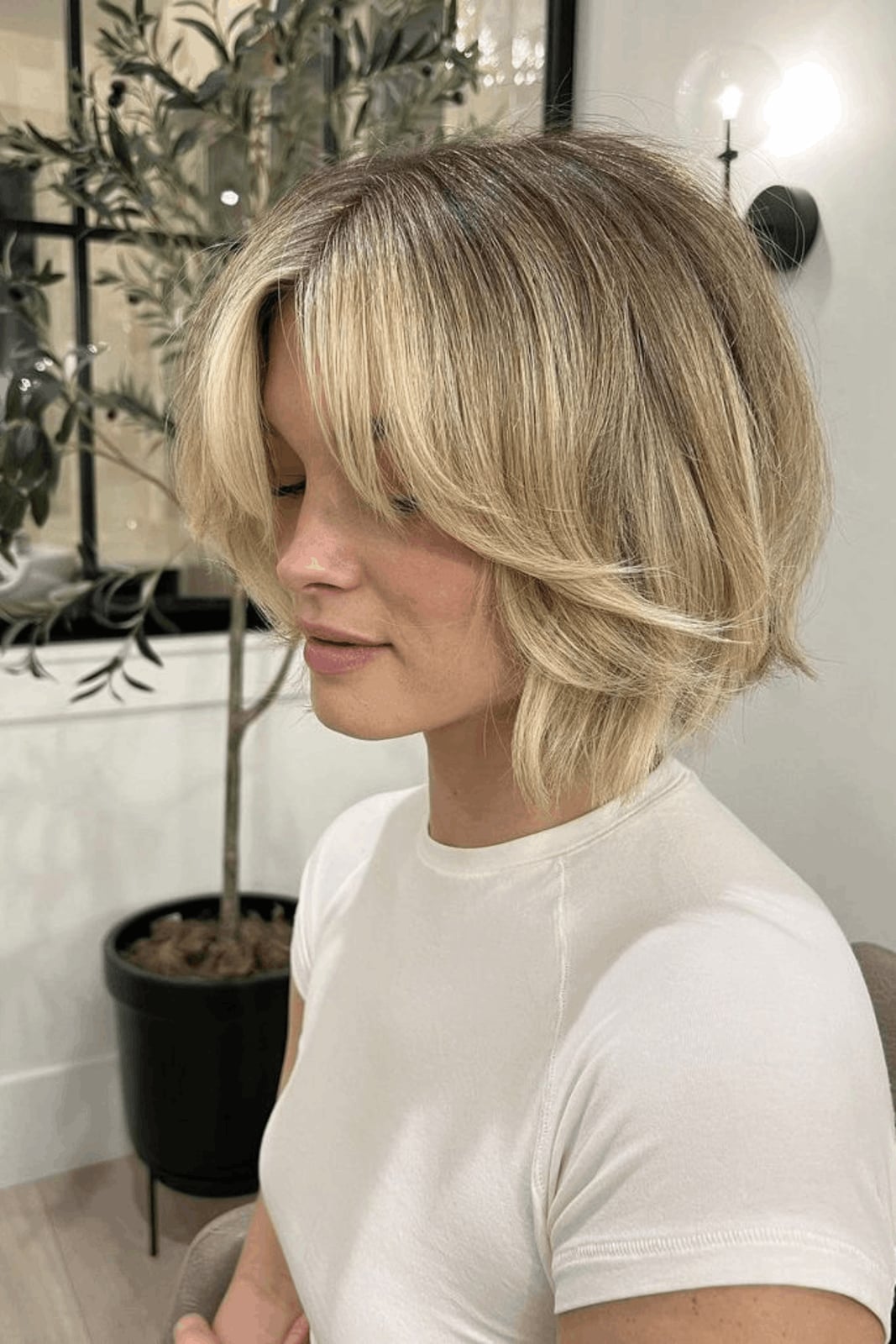 Blonde Layered Bob With Soft Curtain Bangs — Layered Bob Hairstyles