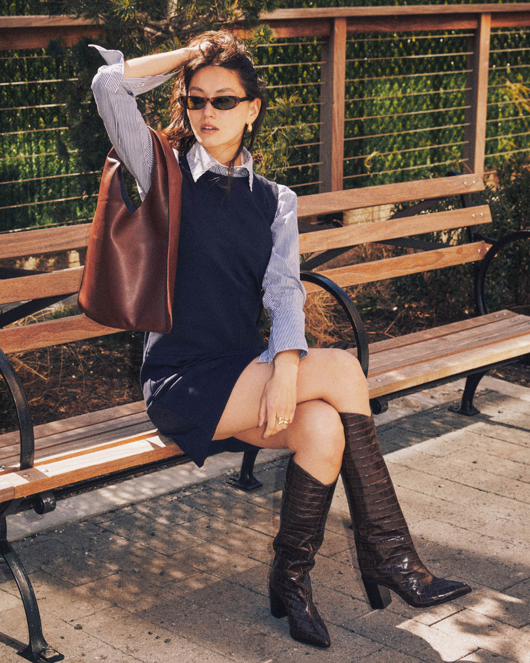 Navy Sleeveless Dress Over Striped Button-Down Navy Sleeveless Dress Over Striped Button-Down — Layered Ideas