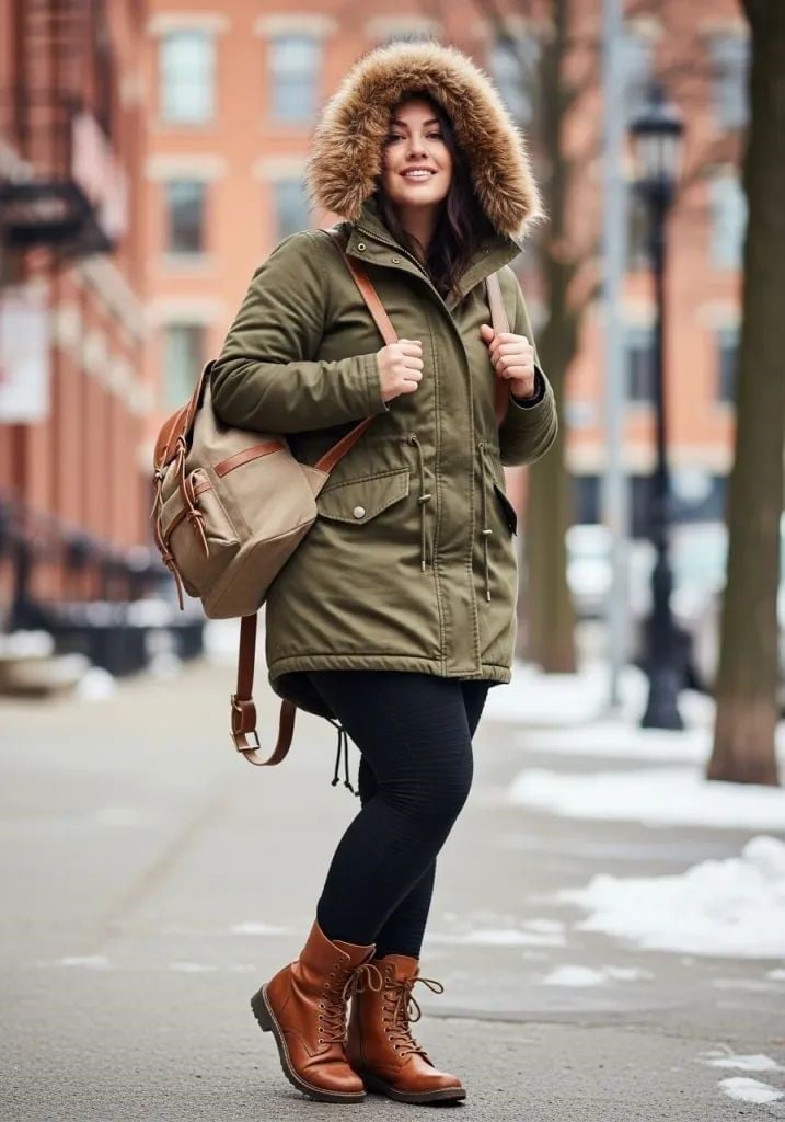 Olive Green Parka with Fur Hood Over Black Leggings Olive Green Parka with Fur Hood Over Black Leggings — Layered Ideas