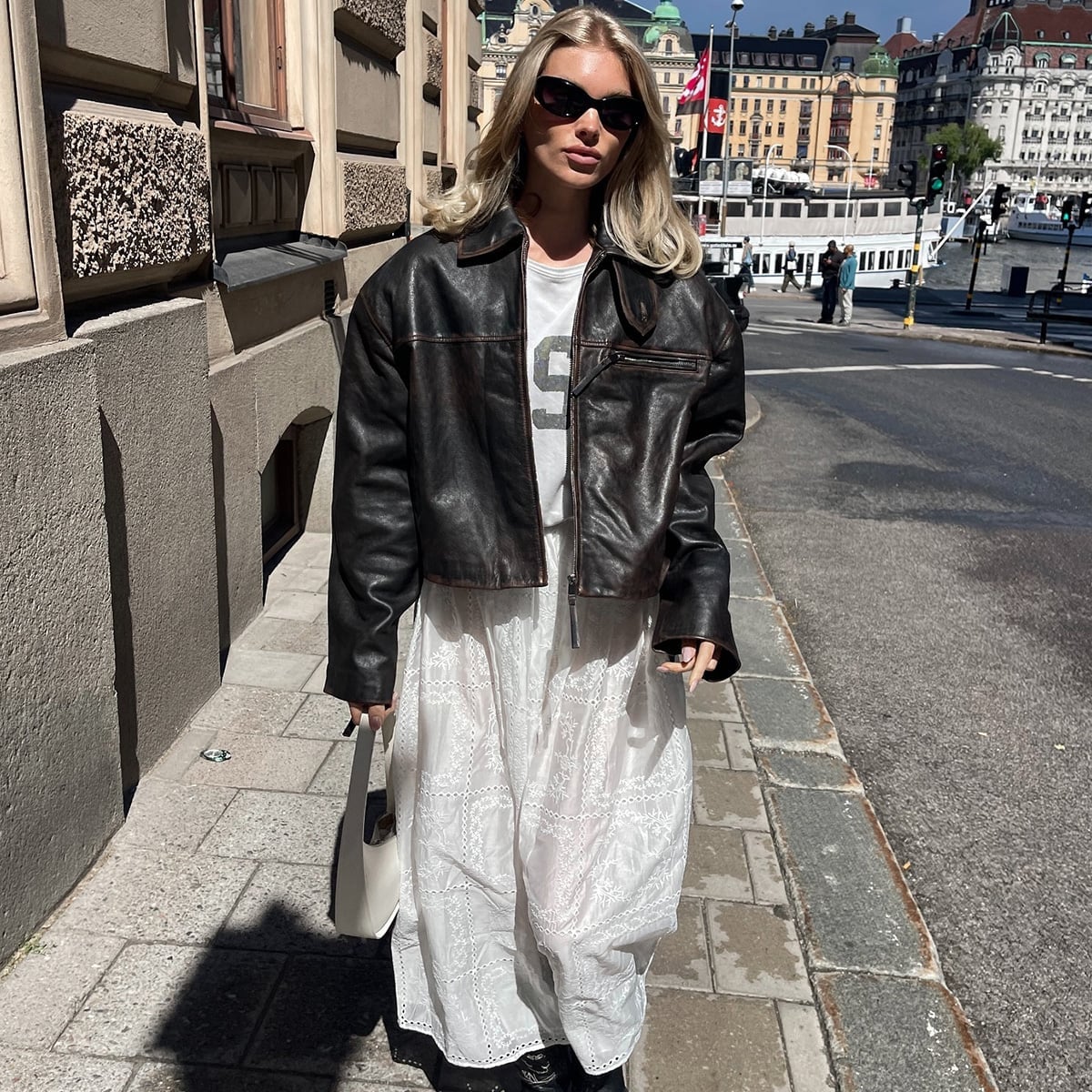 Brown Leather Jacket Over White Eyelet Maxi Dress Brown Leather Jacket Over White Eyelet Maxi Dress — Layered Ideas