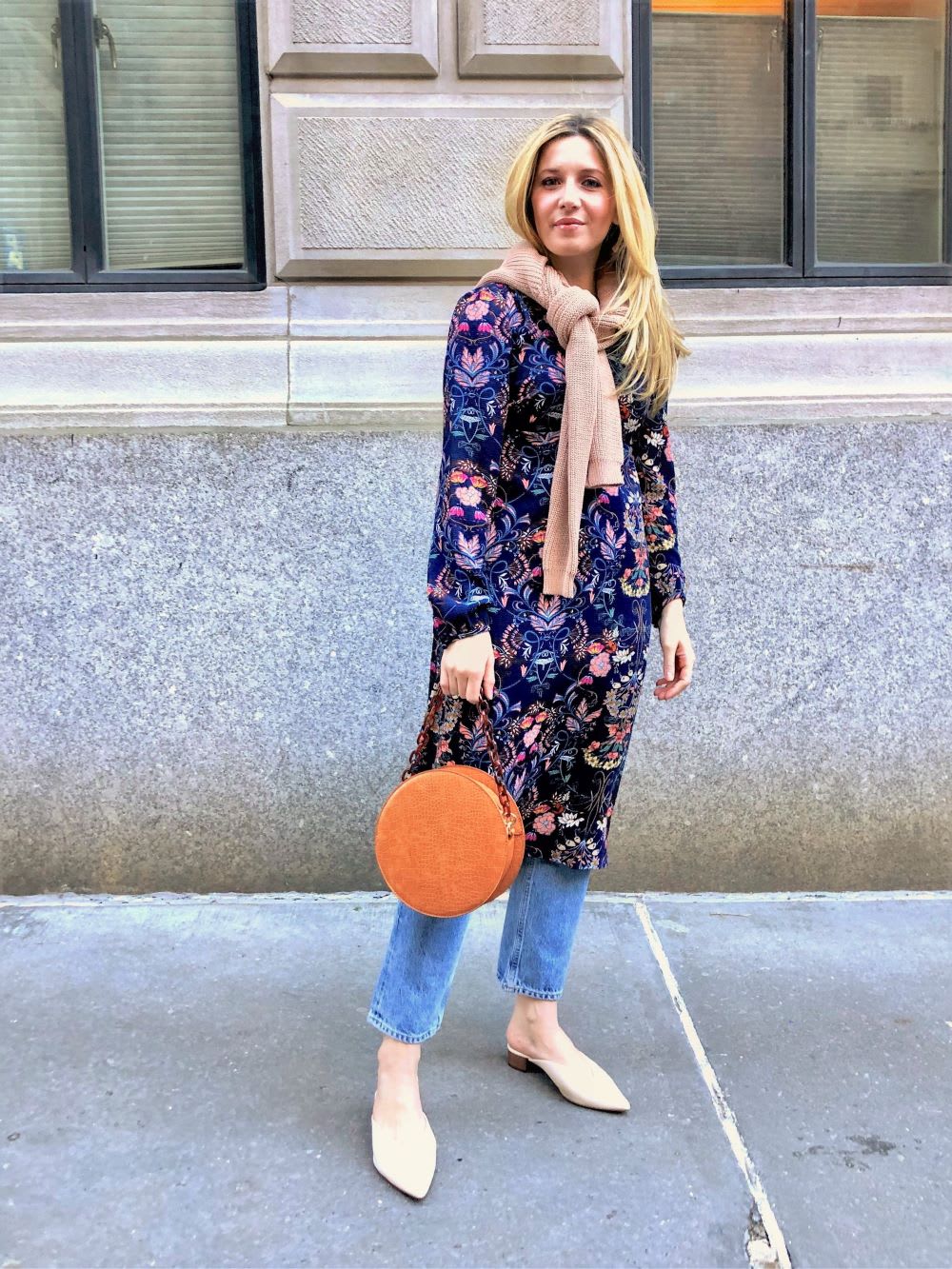 Printed Midi Dress Over Straight-Leg Jeans with Scarf Printed Midi Dress Over Straight-Leg Jeans with Scarf — Layered Ideas