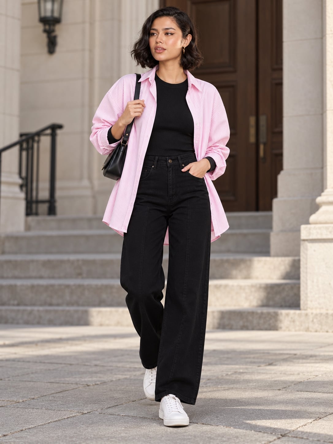 Pink Striped Oversized Shirt Over Black Long-Sleeve Top Pink Striped Oversized Shirt Over Black Long-Sleeve Top — Layered Ideas