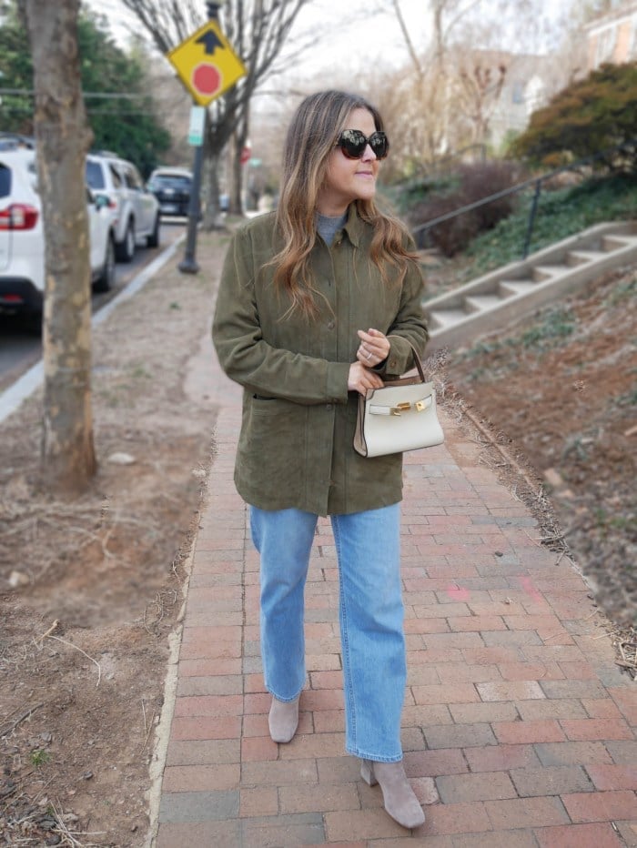 Olive Green Jacket Over Gray Turtleneck and Jeans Olive Green Jacket Over Gray Turtleneck and Jeans — Layered Ideas