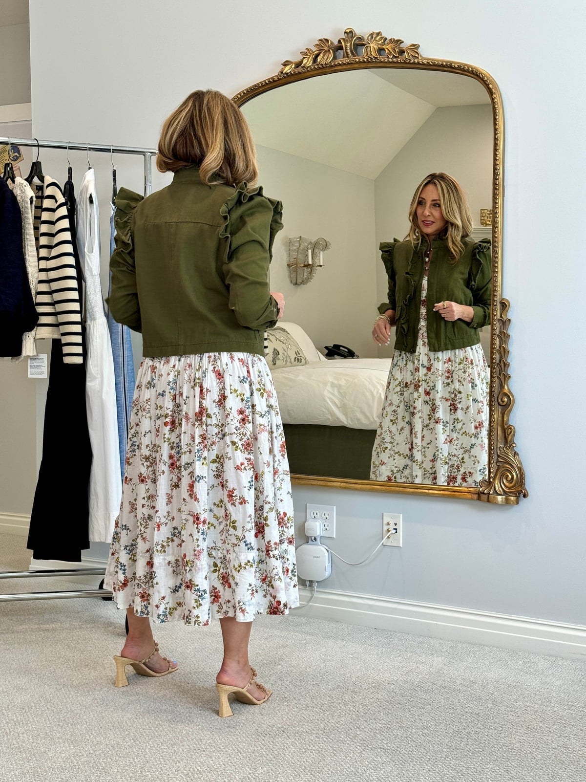 Green Denim Jacket Over Floral Print Dress Green Denim Jacket Over Floral Print Dress — Layered Ideas