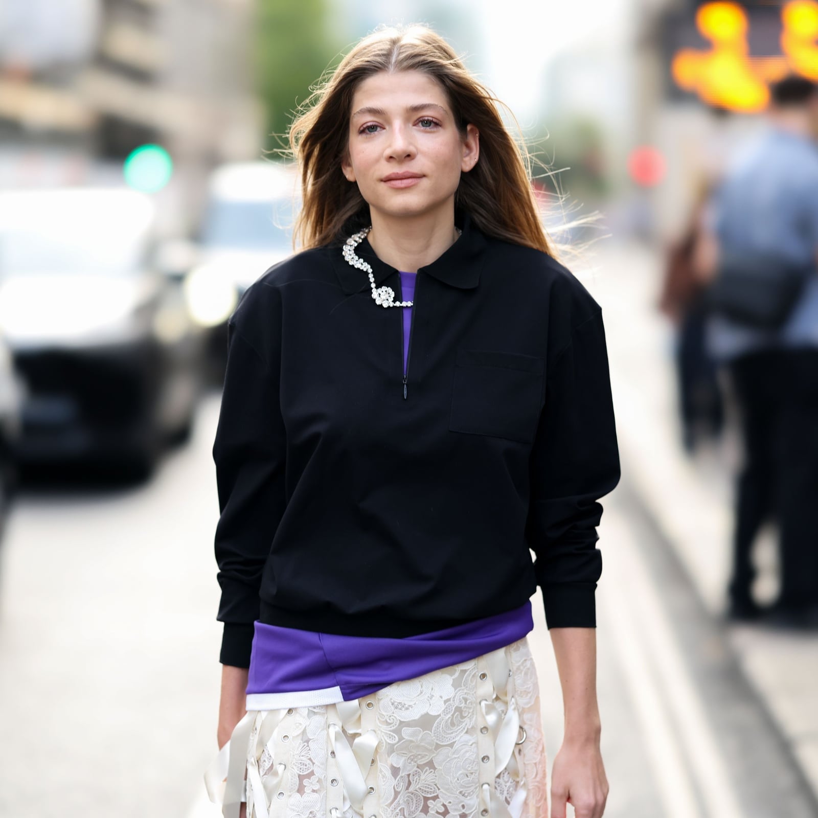 Black Polo Shirt Over Purple T-Shirt and Lace Skirt Black Polo Shirt Over Purple T-Shirt and Lace Skirt — Layered Ideas