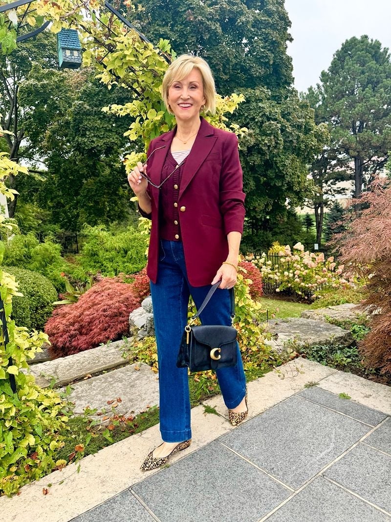 Burgundy Blazer Over Cardigan and Striped Top Burgundy Blazer Over Cardigan and Striped Top — Layered Ideas