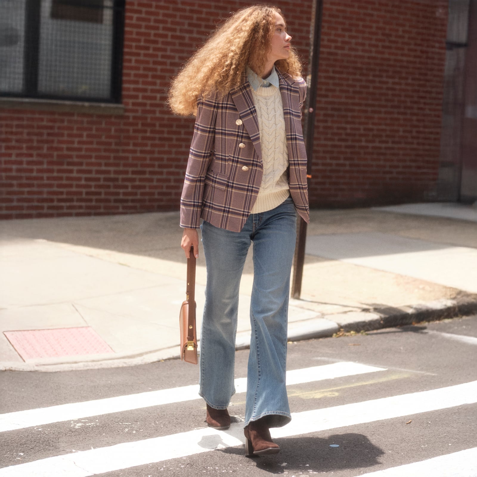 Purple Plaid Blazer Over Cream Cable Knit Sweater Purple Plaid Blazer Over Cream Cable Knit Sweater — Layered Ideas