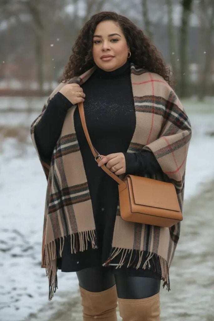 Plaid Wrap Over Black Dress and Turtleneck Plaid Wrap Over Black Dress and Turtleneck — Layered Ideas