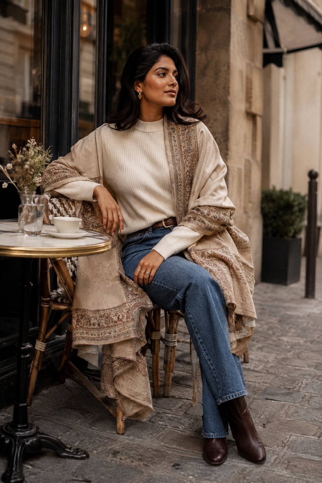 Cream Turtleneck with a Patterned Shawl Cream Turtleneck with a Patterned Shawl — Layered Ideas
