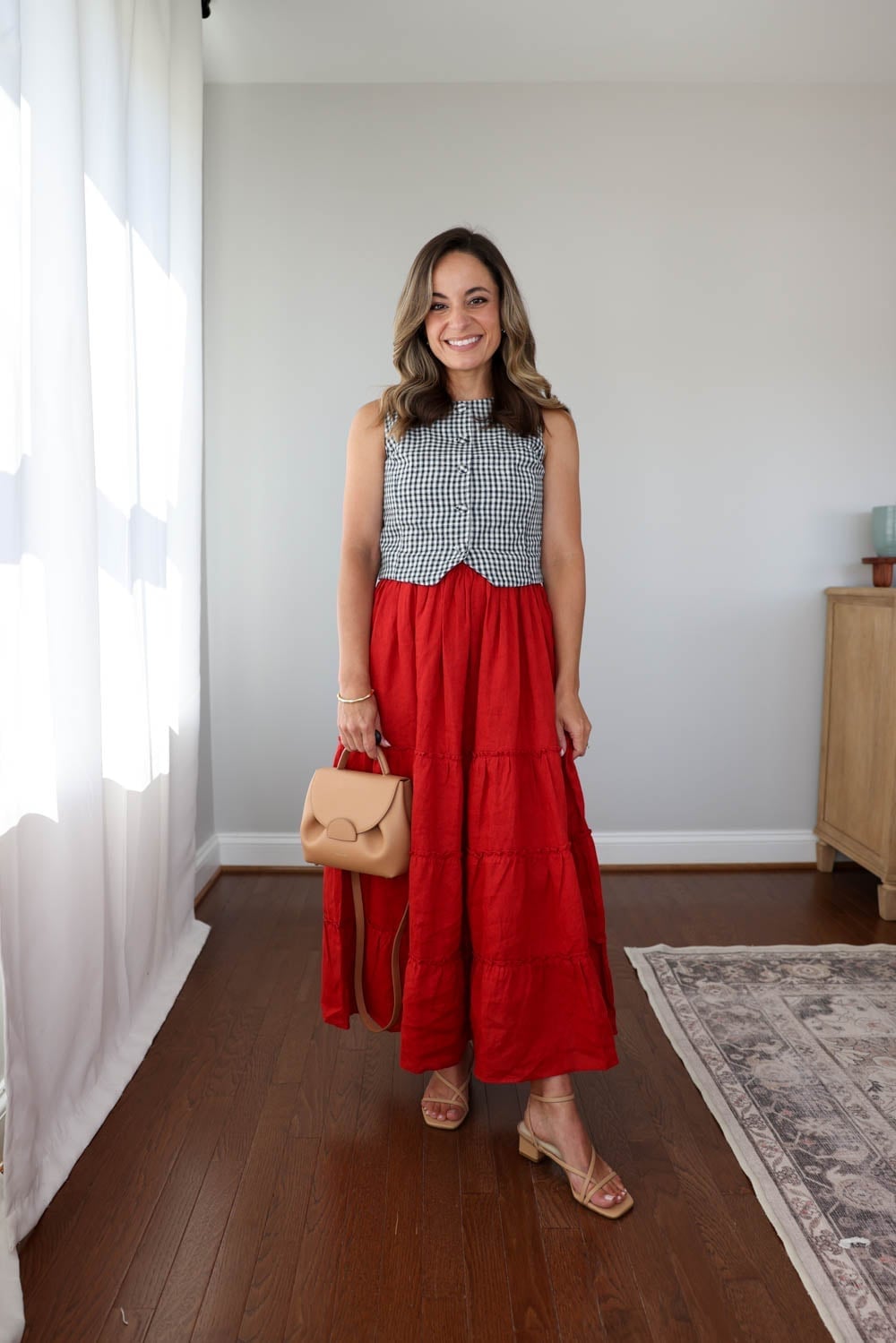 Gingham Sleeveless Top Over Red Tiered Maxi Dress Gingham Sleeveless Top Over Red Tiered Maxi Dress — Layered Ideas