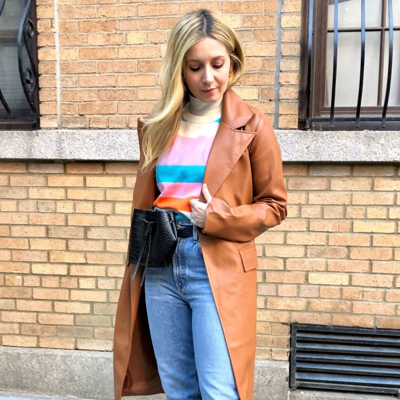 Faux Leather Trench Coat Over Striped Top Faux Leather Trench Coat Over Striped Top — Layered Ideas