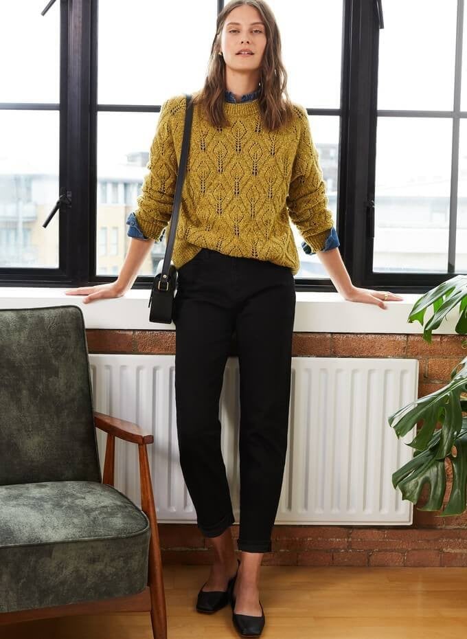 Yellow Chunky Knit Sweater Over Denim Shirt Yellow Chunky Knit Sweater Over Denim Shirt — Layered Ideas