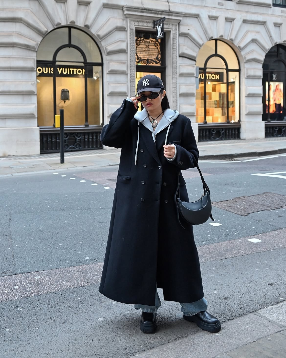 Layered Maxi Coat With Hoodie And Chunky Boots