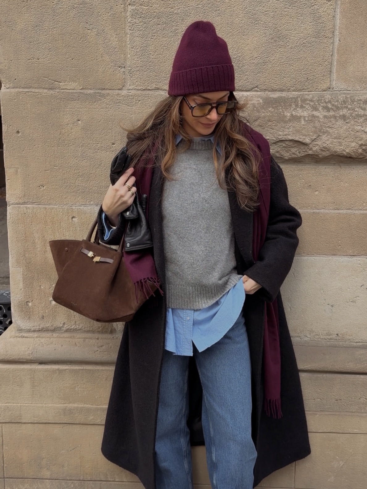 Layered Wool Coat And Burgundy Beanie Winter Outfit