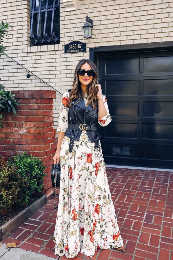 Floral Maxi Dress with a Leather Moto Vest — Layering Dress