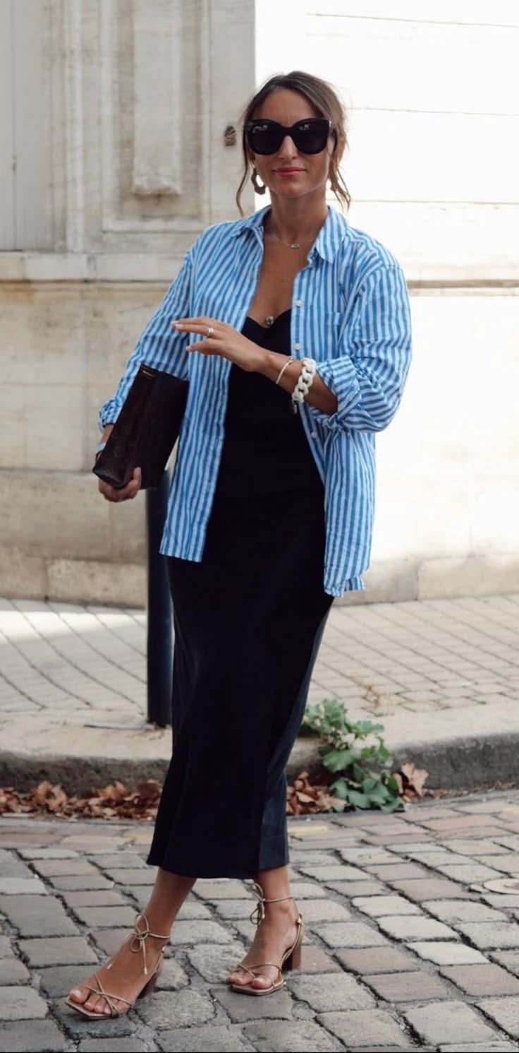 Black Slip Dress Under a Striped Button-Down Shirt — Layering Dress
