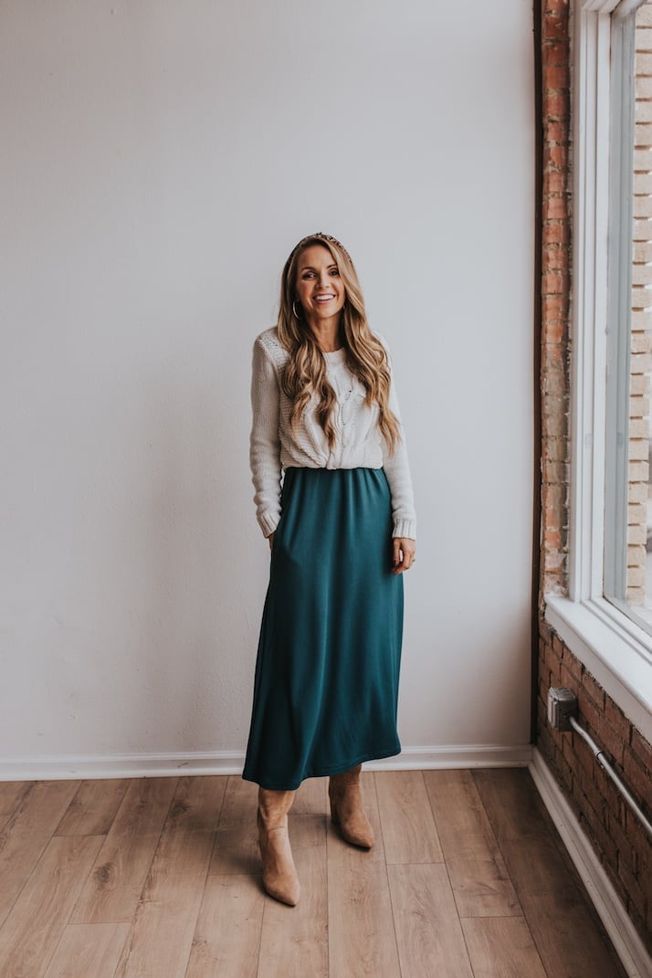 Teal Maxi Dress with a Cable Knit Sweater — Layering Dress