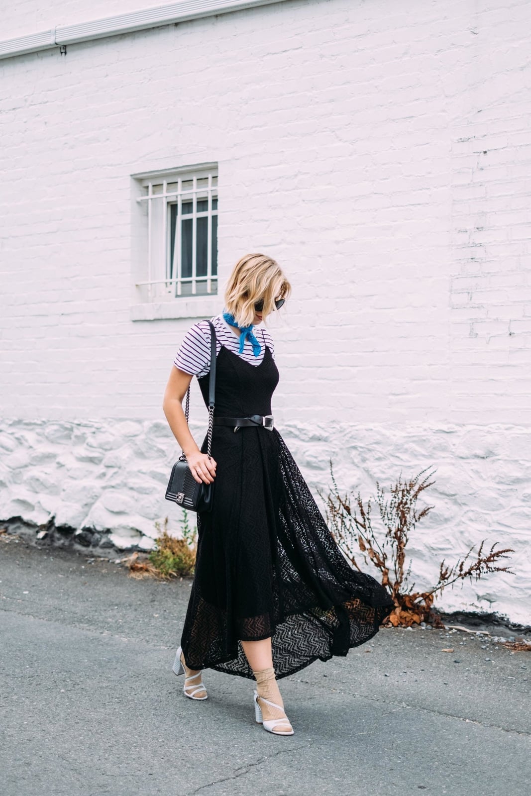 Black Lace Maxi Dress Over a Striped T-Shirt — Layering Dress