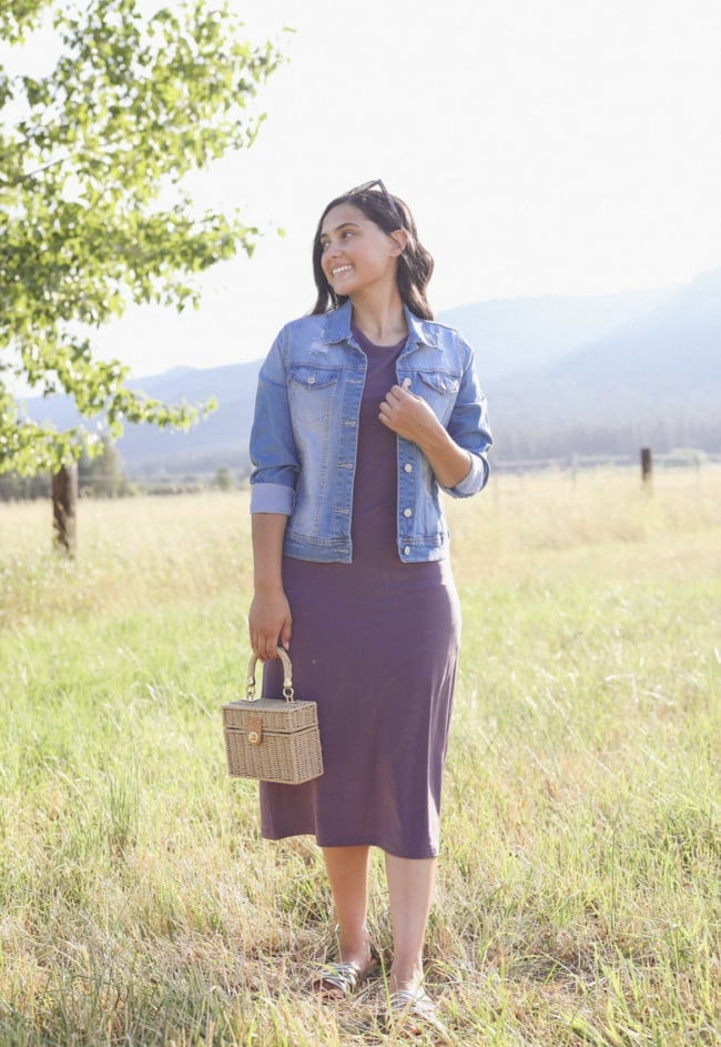 Purple Jersey Midi Dress with a Denim Jacket — Layering Dress