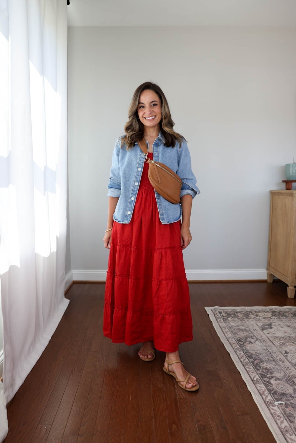 Red Tiered Maxi Dress with a Denim Shirt — Layering Dress
