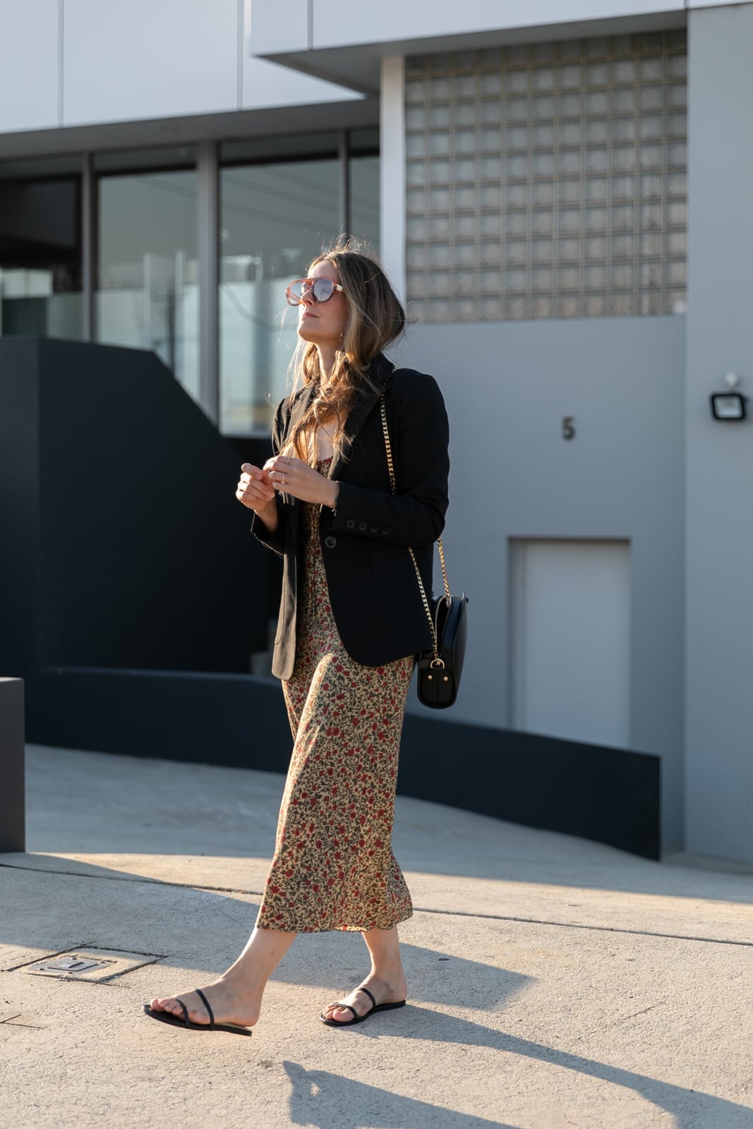 Floral Midi Dress with a Black Blazer — Layering Dress