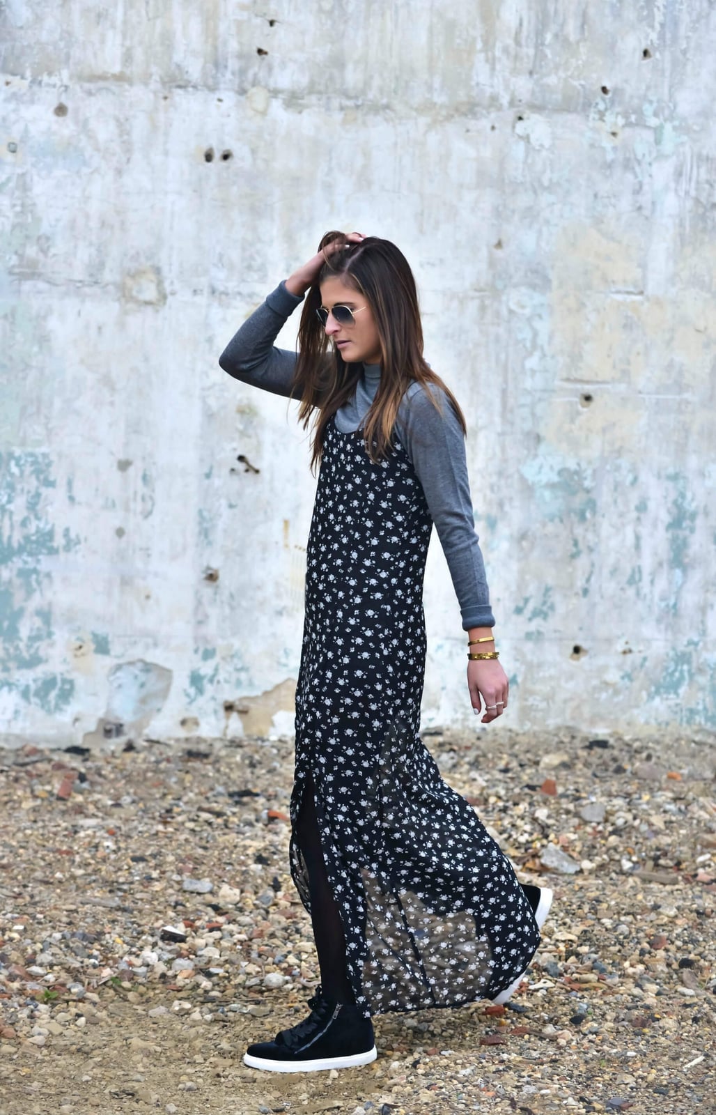 Floral Maxi Slip Dress Over a Gray Turtleneck — Layering Dress