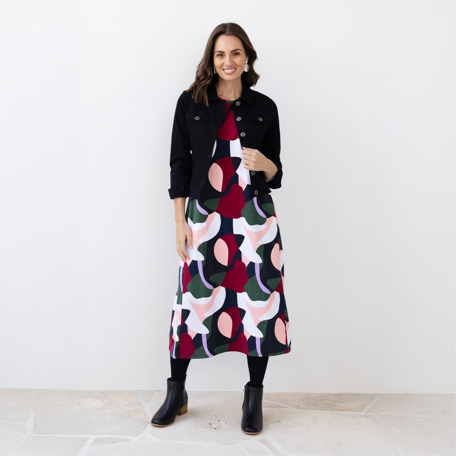 Abstract Print Midi Dress with a Denim Jacket — Layering Dress