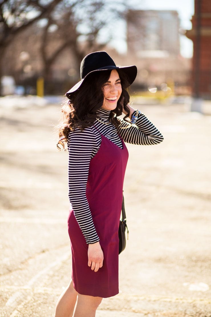 Burgundy Slip Dress Over a Striped Turtleneck — Layering Dress