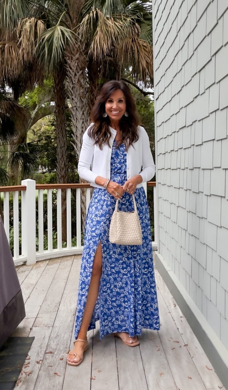 Blue Floral Maxi Dress with a White Cardigan — Layering Dress