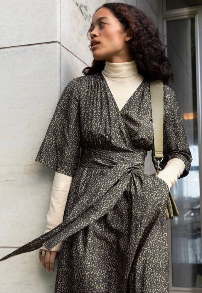 Patterned Wrap Dress with a Cream Turtleneck — Layering Dress