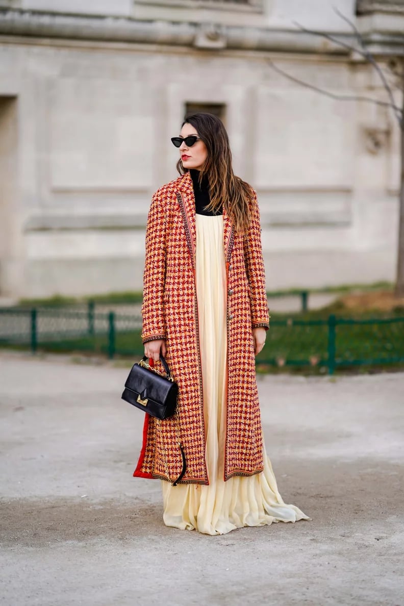 Cream Pleated Maxi Dress with a Tweed Coat — Layering Dress