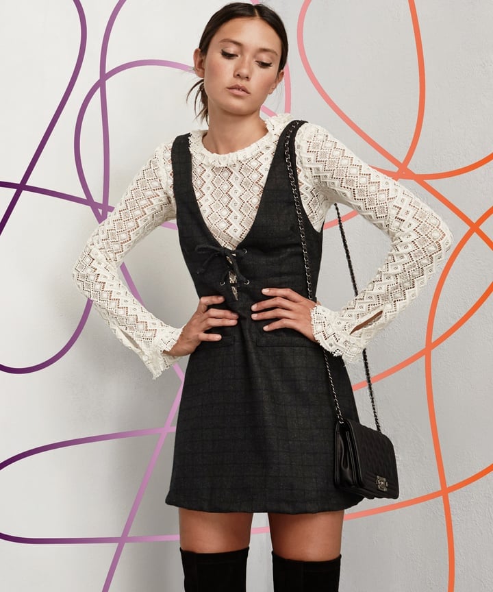 Gray Pinafore Dress Over a Lace Top — Layering Dress