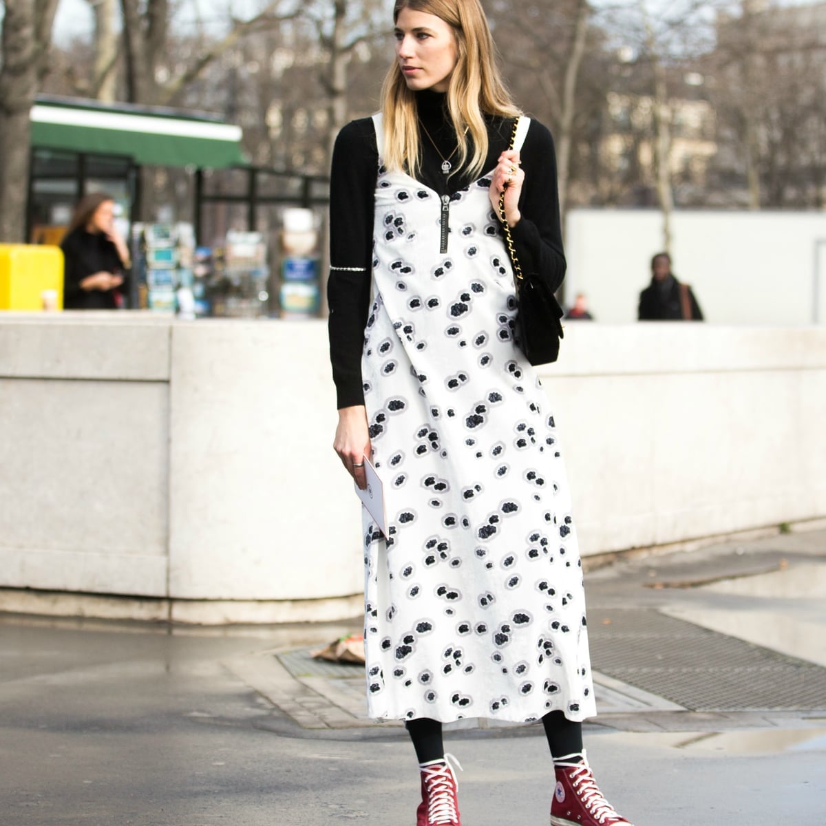 Floral Print Slip Dress with a Black Turtleneck — Layering Dress