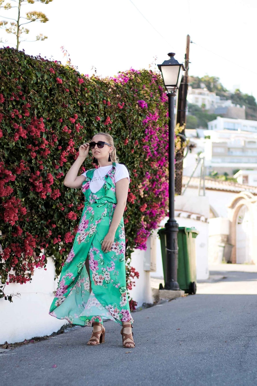 Green Floral Wrap Dress Over a White T-Shirt — Layering Dress