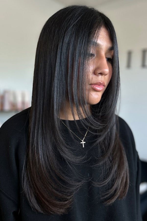 Dark Brown Straight Layers With Wispy Bangs Dark Brown Straight Layers With Wispy Bangs — Layers Hairstyles