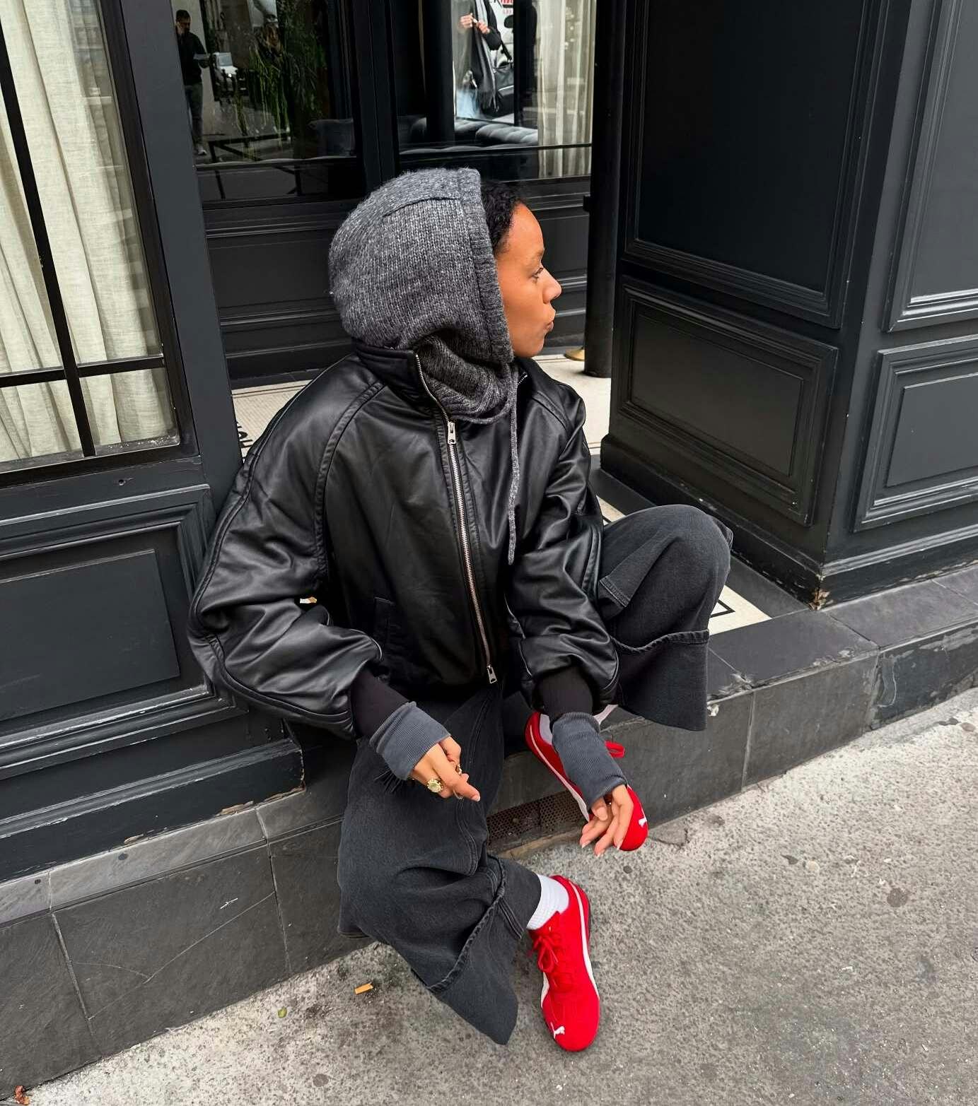 A Leather Bomber Jacket With Gray Hoodie A Leather Bomber Jacket With Gray Hoodie — Leather Outfits