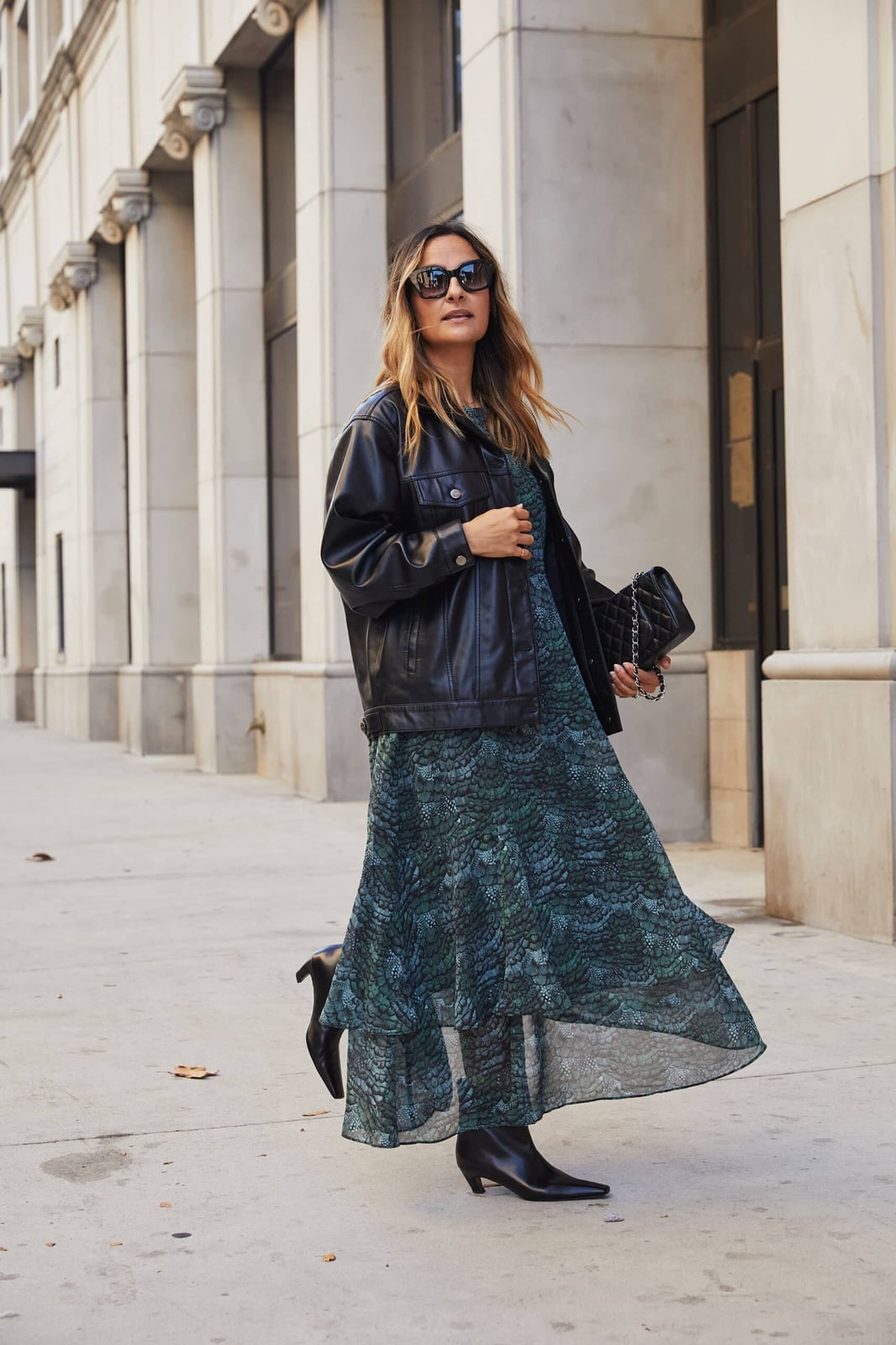 A Black Leather Jacket Over A Green Midi Dress A Black Leather Jacket Over A Green Midi Dress — Leather Outfits
