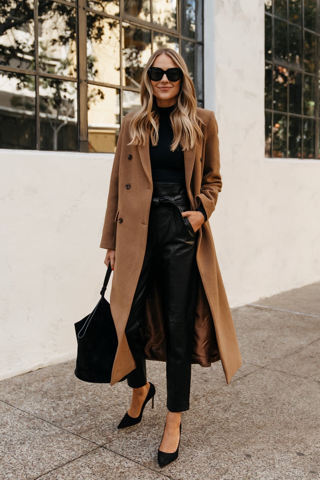 Black Leather Trousers With A Camel Wool Coat Black Leather Trousers With A Camel Wool Coat — Leather Outfits
