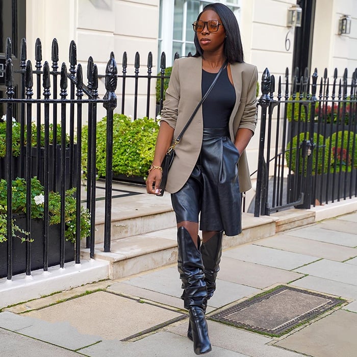 Black Leather Shorts With A Taupe Blazer Black Leather Shorts With A Taupe Blazer — Leather Outfits