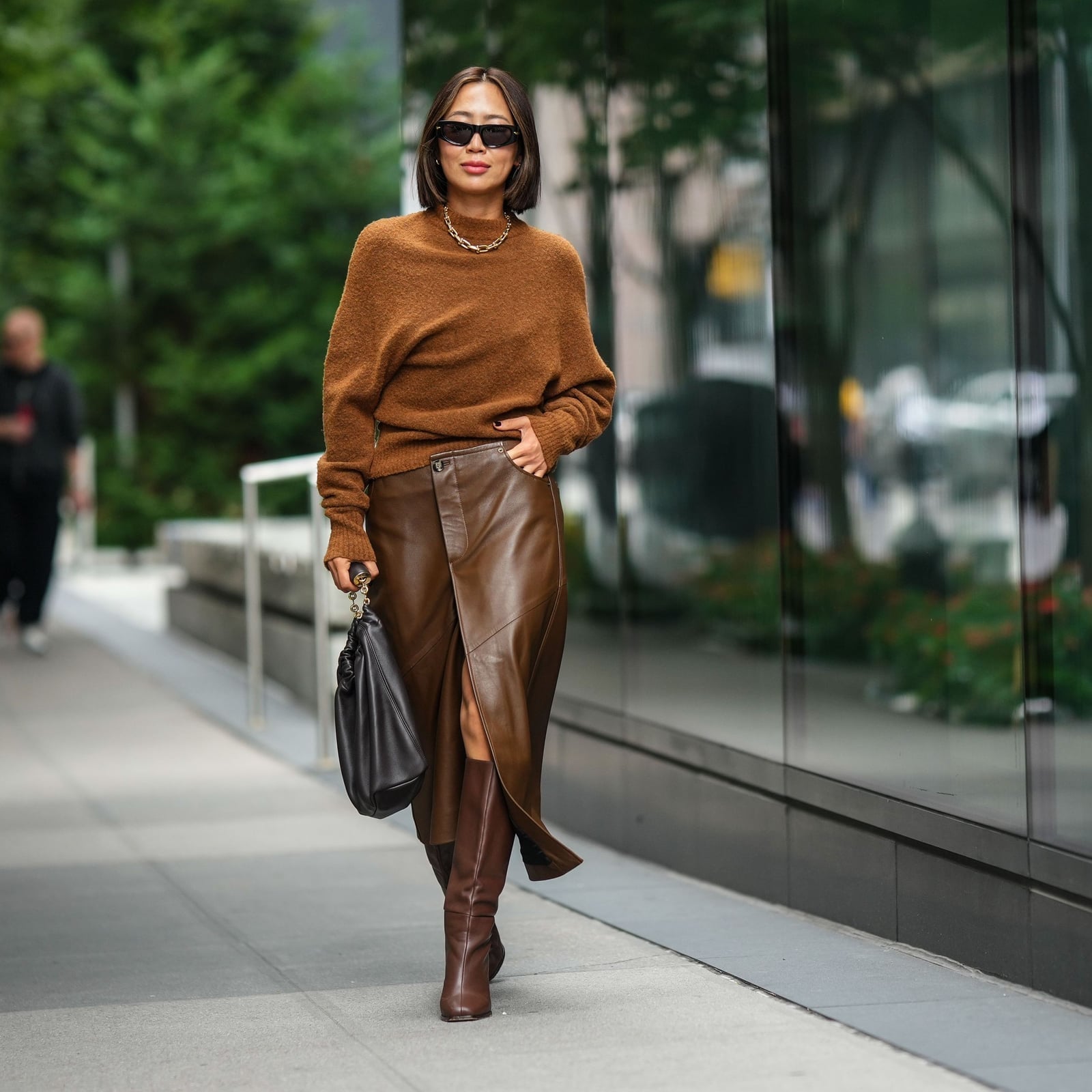 Chocolate Leather Wrap Skirt with Knitwear — Leather Skirt Outfits