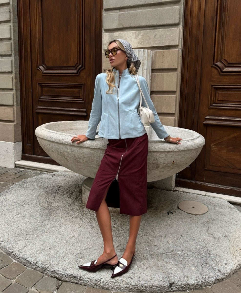 Burgundy Leather Skirt with Suede Jacket — Leather Skirt Outfits