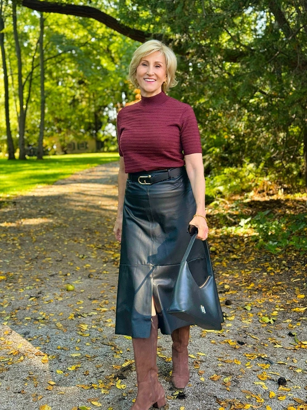 Black Leather Midi Skirt with Mock Neck — Leather Skirt Outfits