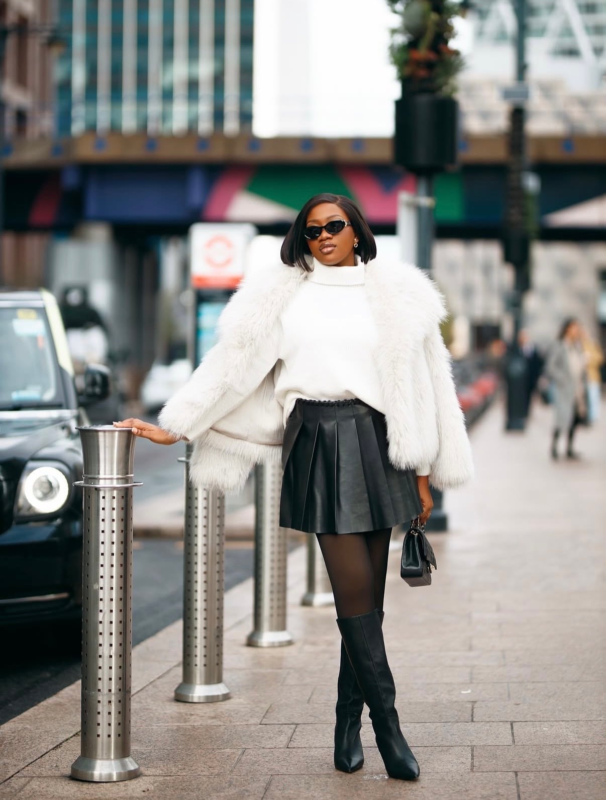 Pleated Leather Mini Skirt with Faux Fur Coat — Leather Skirt Outfits