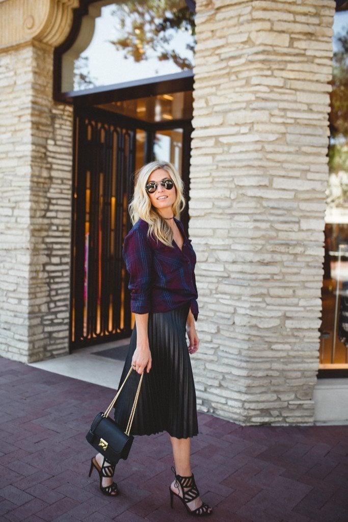 Pleated Leather Midi Skirt with Plaid Shirt — Leather Skirt Outfits